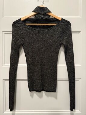 Divided Black Metallic Ribbed Long-Sleeve Top
